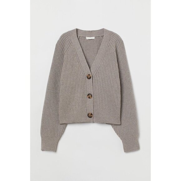H&M Rib Knit Wool Button Front Loose Oversized Fit Cardigan Sweater Top Taupe - Picture 2 of 8